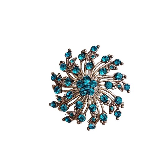 Vintage Turquoise Rhinestone Crystal Flower Swirl Blue Pin Brooch - Picture 10 of 16